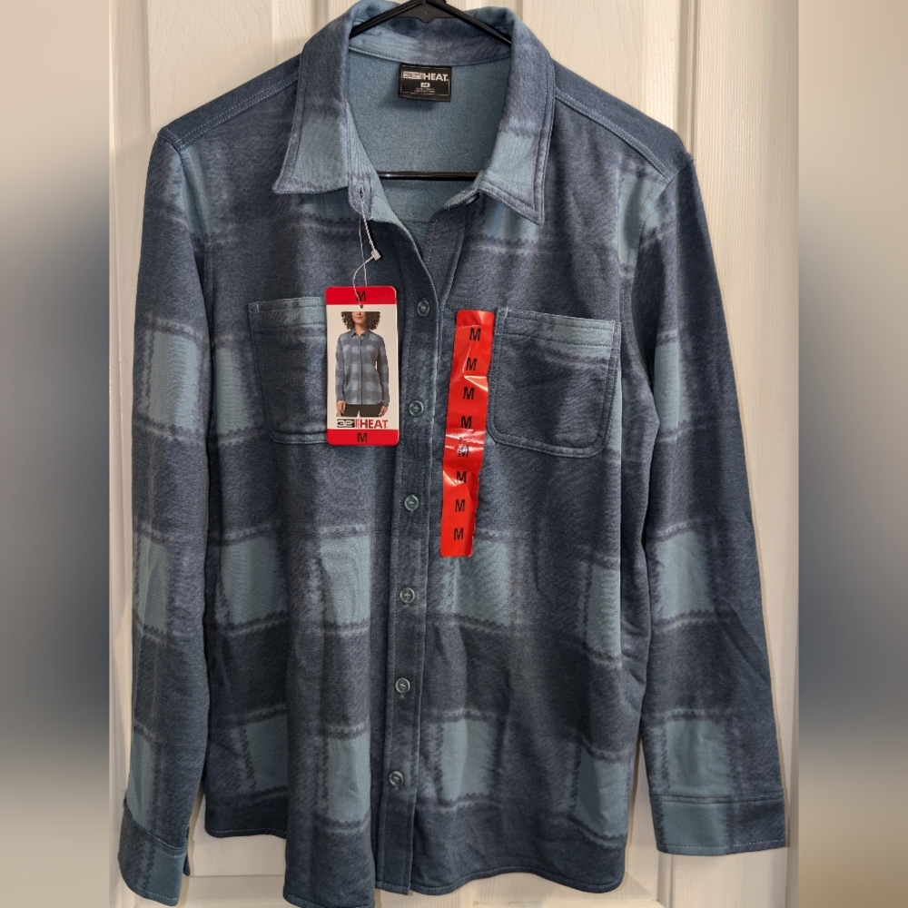 NWT Medium 32 Degree Heat Grey & Blue Button Down Flannel
